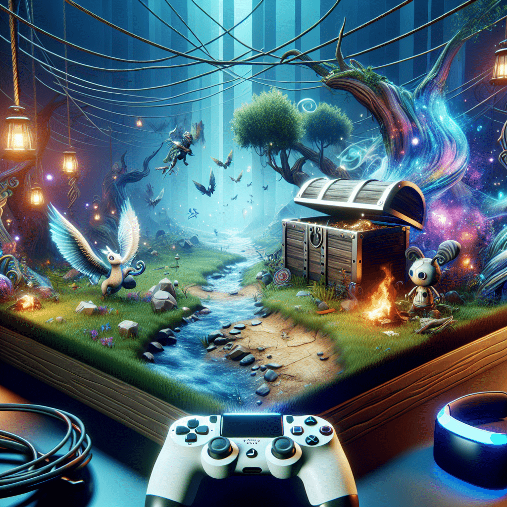 A computer-generated image of a fascinating virtual reality environment. The scene should vividly display the distinctive features of a typical treasure hunt setup: containing elements like a treasure chest, a map, and some mythical creatures. The setting should have the vibes of a magical forest. In addition, there should be virtual reality goggles and console controller floating around to give viewers an idea of the interactive gaming experience. Please make sure there are no people, text, brand names or logos included.