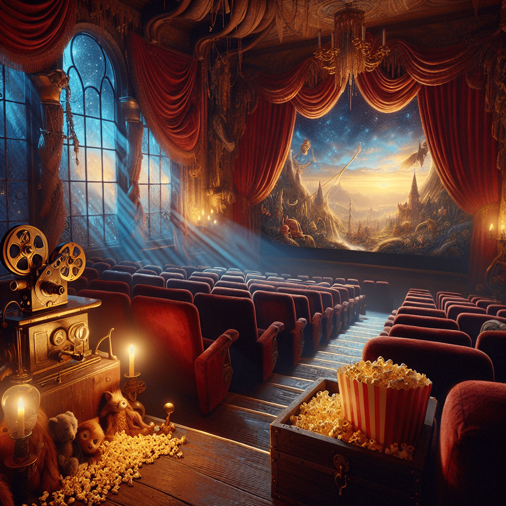 An image representing a cinema experience dedicated to family-oriented adventure movies. The ambiance of the theater is vintage and fantastical, it includes popcorn and comfortable velvet seats. Prop details such as an antique projector, a whimsical treasure chest overflowing with gold coins, and a lush red curtain drawn back to reveal a screen playing a non-descript scene of a magical landscape. Evening light filters in from high windows, casting dramatic shadows. The sky visible outside the windows is dark with glimmering stars.