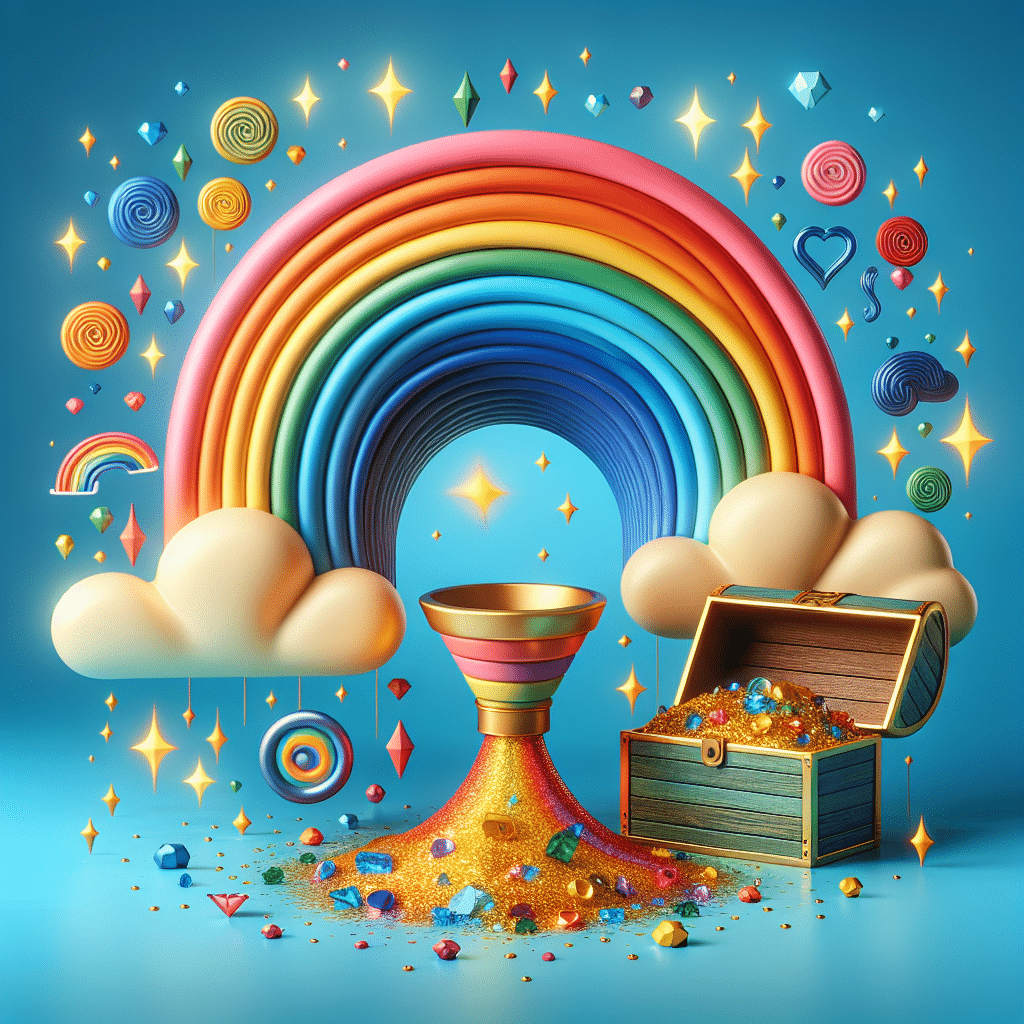 A gleeful, colorful motif of a treasure chest at the end of a rainbow. The chest is overflowed with a mix of gold and sparkling gemstones, while the rainbow's colors shift to a spiral shape, representing a funnel. Around this scene, magical sparks and whimsical cloud formations fill the azure sky in a smooth gradient, simulating a vibrant, fun and exciting atmosphere. The scene's setup and elements do not contain any human figures or identifiable brand symbols. The visually striking aesthetic translates the essence of enjoyment and value, representing a hypothetical review of an unidentified source of entertainment.
