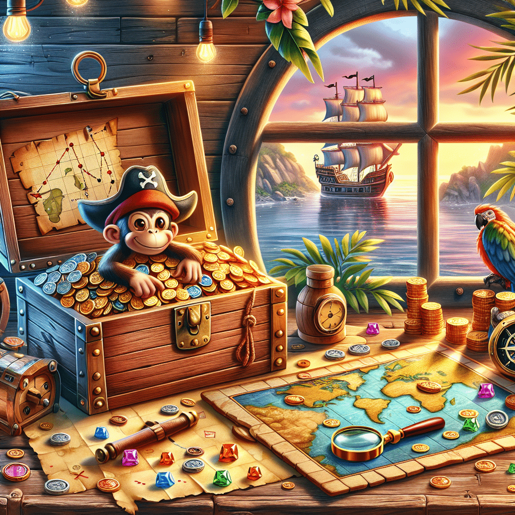 A playful and fun scene of a treasure chest opened on a wooden table spilling out various iconic items of trivia nature, such as a map with dotted lines and 'X' symbol, a playful monkey with a magnifying glass examining a pile of coins, an explorer's hat, and an old-fashioned compass. Beside this, we see a selection of games including a pirate ship replica, a game board depicting islands and seas, dice, and jewel-like game pieces. The setting should take place inside a rustic wooden cabin with a large window through which we can see a distant island, a parrot flying by, and a whimsical sunset, evoking a sense of adventure. Everything done in a vibrant, cartoonish art style.