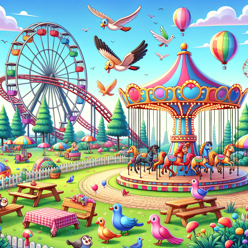 A fun and vibrant scene showcasing various free activities that one might associate with a theme park, all devoid of people. To the left, there is a large roller coaster with its loops and twists. In the center, enjoy the sight of a fun merry-go-round with colorful horses. On the right, there's a pleasant picnic area under the shade of whimsical, mushroom-shaped trees. Feathered friends, from tropical to common ones like pigeons, are seen enjoying the picnicking site's tranquility. Balloons of different shapes and colors are dotting the sky, capturing the essence of a lively day at the park.