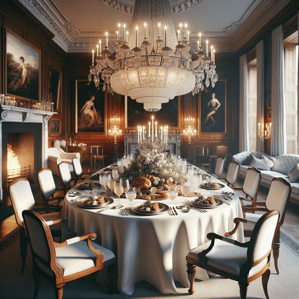 A high-end dining room setting which captures the spirit of an elegant evening meal. Pictured is a large round wooden table, festooned with immaculate white table cloth. Atop the cloth, an array of plates with sumptuous meal portions are laid out. Cutlery on either side, goblets of crystal clear water, and oaken-wood glasses half-filled with sparkling grape juice. Around the table, fireside chairs with plush cushions sit empty, beckoning for a sumptuous meal. A cascading chandelier twinkles overhead, casting a warm, inviting light. The room is adorned with exquisite art that harks back to an older, dignified era. No identifying brand names, logos, text, or people, just classically luxurious ambiance.
