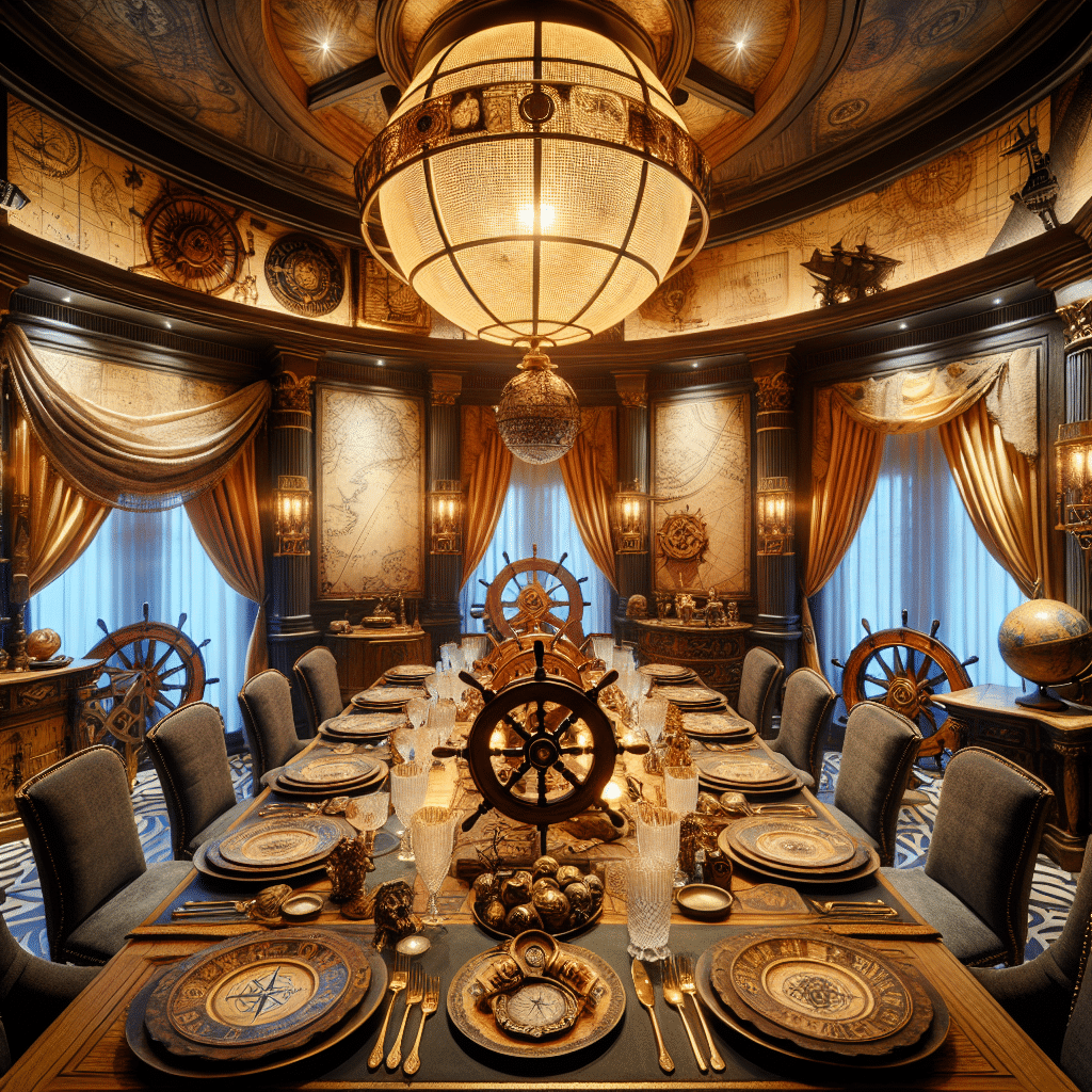 An elaborately decorated dining room with a nautical theme. It exudes a sense of adventure and excitement, with thematic elements such as wooden ship wheels, antique maps, and intricate compass roses incorporated into the decor. The dining table is set with elegant tableware, each plate accessorized with a pirate coin-like ornament. Golden curtains hang from the tall windows and the giant globe chandelier hangs in the center of the room, illuminating the setting with a warm, inviting glow. The absence of people maintains the room's secretive and exclusive appeal.