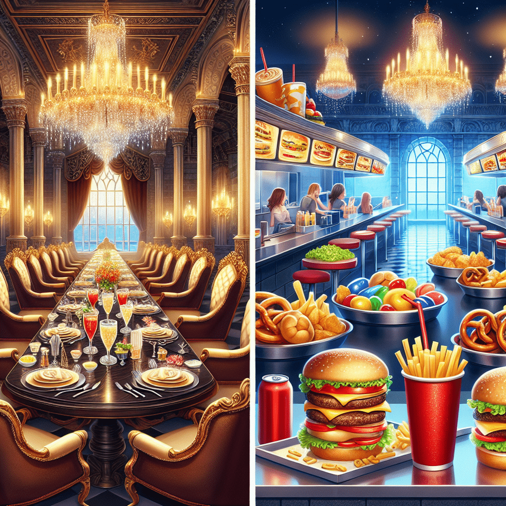 An illustrative contrast between two types of dining: a glittering dining room with plush seats, sparkling chandeliers and richly garnished dishes on a dark mahogany table for the main dining, and a vibrant, casual snack bar with fast-food items like burgers and fries, soda drinks, and soft pretzels for the quick service, both situated inside a captivating castle-like setting. There are no humans or text present in the scene, and no recognizable logos or trademarks.