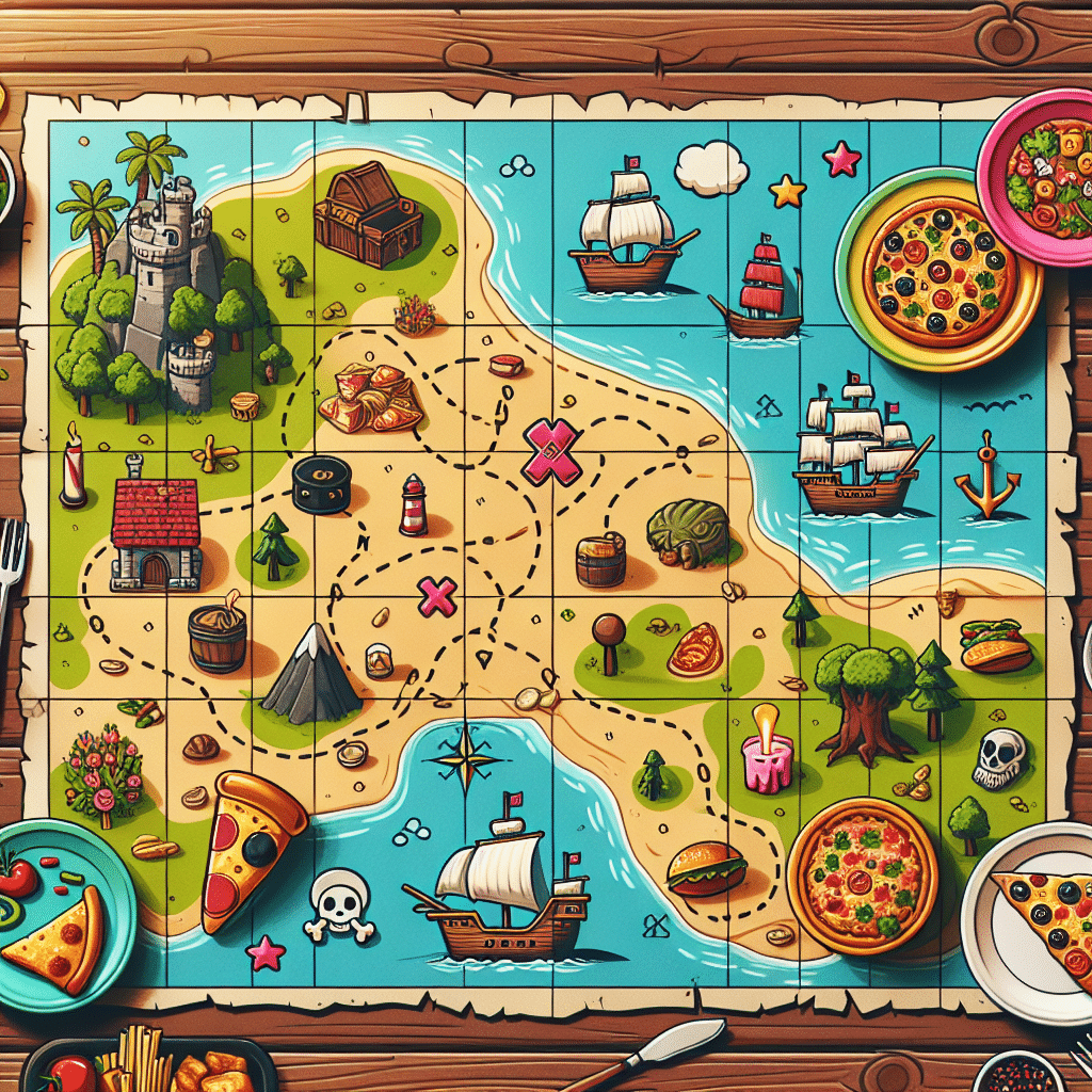 A colorful image of a treasure map spread out on a wooden table, dotted with various fun-looking landmarks such as a pirate ship, an island, a castle, and a forest. Scattered around the map are plates full of appetizing food including a bowl of spaghetti, a pizza, and a salad. On the map, instead of X-marks, there are food icons leading towards a treasure highlighted by a star. No brand logos, no text, and no human figures are present in the scene.