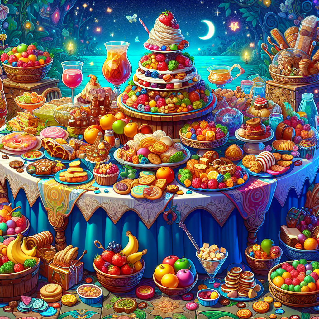 A vibrant illustration of a smorgasbord featuring a variety of colorful, non-branded snacks set on a whimsical table. The table is laden with a variety of foods, including savory nibbles, fruits, sweets, and beverages. The setting is fantastical and evokes a sense of adventure and delight, with subtle references to a classic fairytale-like environment, but without any identifiable characters or copyrighted elements. This feast is laid out to show a range of options for snacks between meals in a fun and inviting way. Be sure not to include any people, text, logos, brand names, or recognizable characters in the image.