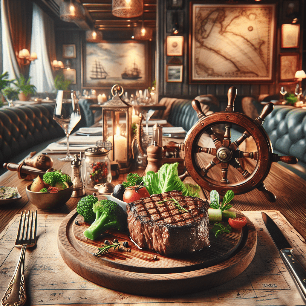 A mouthwatering steak on a rustic wooden table, served with a side of fresh vegetables. The ambiance suggests an upscale dining establishment featuring elegant table settings, soft lighting, and nautical decor elements like a ship's wheel, compass, and vintage maps scattered around. The restaurant has a subtle marine theme, reminiscent of grand seafaring expeditions of the past. No visible logos, text, brands, or people are included in this setting.