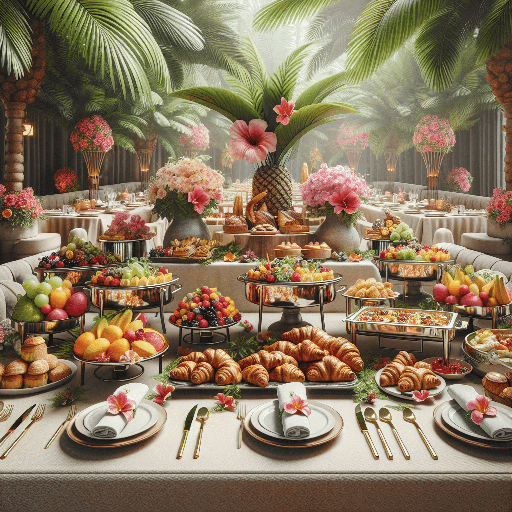 An image of a luxurious buffet setup without people, inspired by a tropical cabana theme. In the scene, a table is elegantly decorated with faux palm and hibiscus plants for a tropical feel. The table is adorned with an assortment of enticing dishes including a pile of vivid fruits, a section dedicated to baked goods like croissants and bread rolls, and a variety of hot dishes presented in elegant chaffing dishes. High-quality tableware and napkins are arranged around the food for convenience. No text, labels, or brand names are associated with the image.