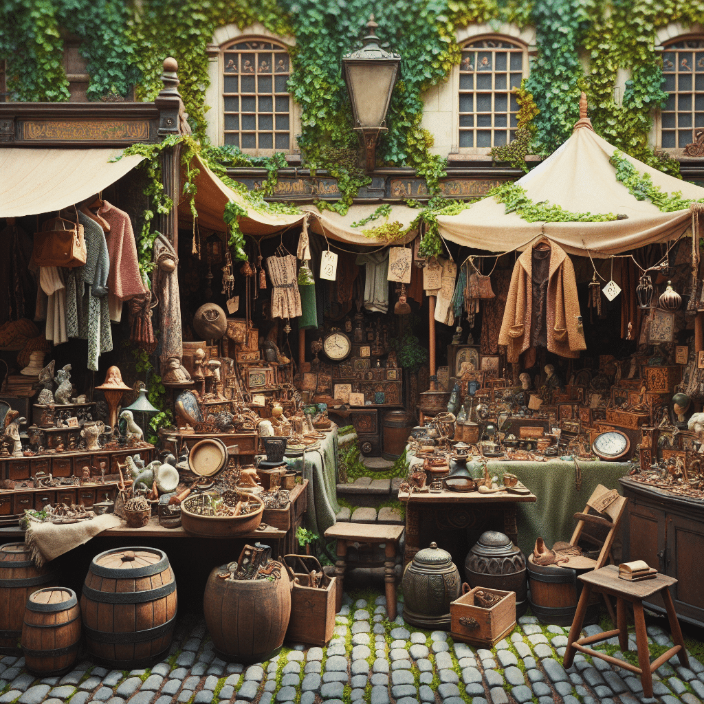 A mid-19th century vintage market bustling with stalls filled with a variety of objects like vintage clothes, old books, antique jewelry, ceramic statuettes, and interesting trinkets. No people are visible but you can see little signs hanging from the tents indicating various types of goods available. The wall surrounding the market has vibrant climbing ivy growing on it. There are wooden barrels strewn about and an old-timey cash register on a table. A vintage bicycle is leaning against the wall. The atmosphere is enchanting and whimsical, reminiscent of a fairytale setting.