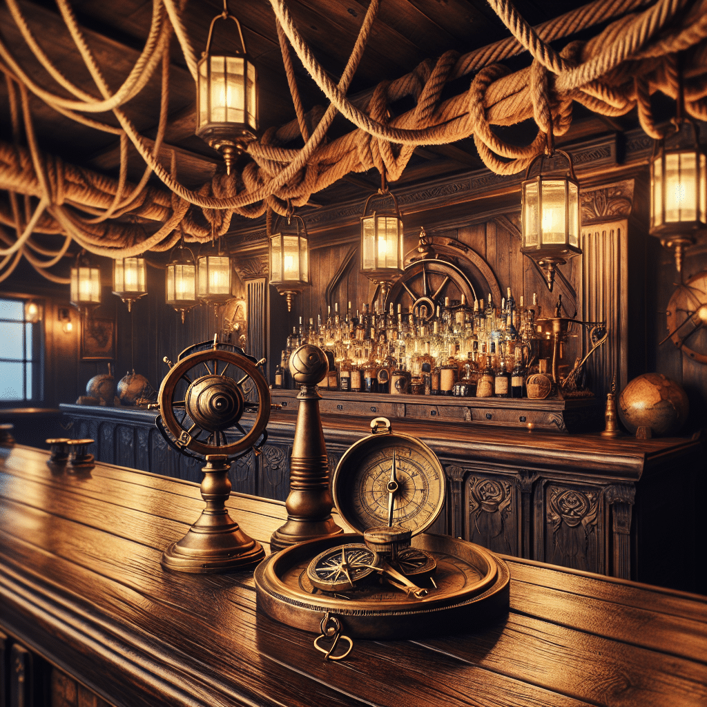 Visualise a nautical-themed bar that exudes a rustic charm reminiscent of grand seafaring adventures. The bar counter is constructed from dark wood, weathered and aged by the virtual high seas. Placed strategically on the counter are antique brass compasses and legs of a polished spyglass, devoid of any inscriptions. There is a ceiling, rigged with thick roping and pulleys resembling the deck of an old ship. Gleaming lanterns hanging from these ropes cast a cozy glow. No patrons are present, aligning with the requirement of no people. Overall, the bar is suggestive of a treasure cove, filled with seafaring artifacts.
