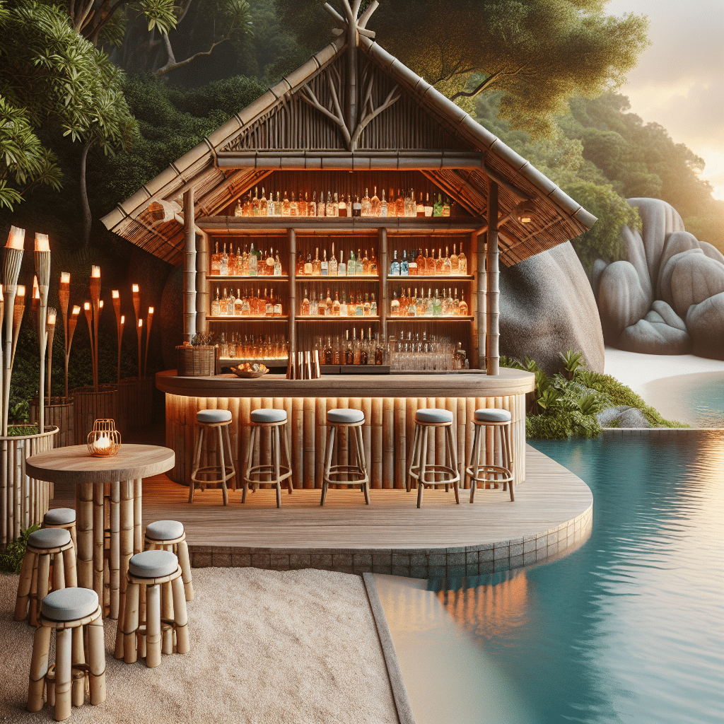 An image showcasing an enchanting pool bar nestled in a serene cove. The beach-themed establishment is surrounded by lush tropical greenery. Behind the simple bamboo counter of the bar, there are meticulously arranged non-branded bottles of various colourful cocktails. There's a comfortable seating area with cushioned stools, and a few stand-alone tables. The environment is further enhanced by the presence of softly glowing tiki torches and a warm sunset cast over the tranquil water of the nearby pool.