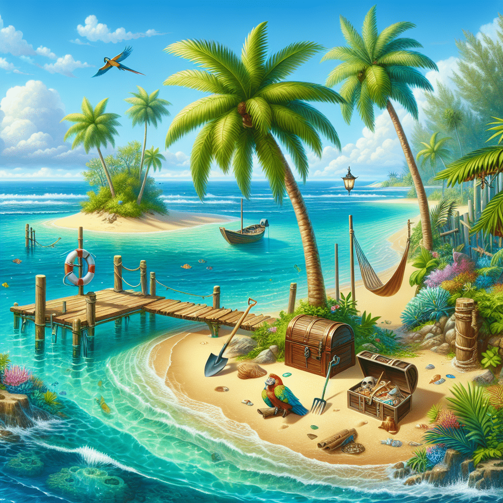 A tropical island landscape with palm trees swaying in the wind and crystal-clear ocean waves lapping the sandy shore. See a quaint wooden dock extending into the water, flanked by a vibrant coral reef teeming with a variety of fish. A shovel and a treasure chest half-buried in the sand near the dock, symbolizing a treasure hunt. A hammock strung between two palms with an open novel resting on it, portraying leisure time. Depict a parrot perched on one of the palms, adding to the tropical ambiance. Do not include people, brand names, or logos in the image.