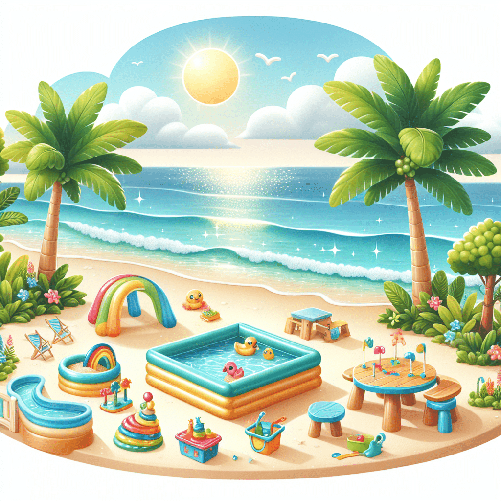 An image showcasing an ideal tropical island scene designed for toddlers. Exhibit a beach with gentle waves glittering under a bright sun. Illustrate tiny-sized children amenities fit for outdoor amusement like a sandbox with colorful sand toys, a small inflatable pool filled with water, cute and unbranded outdoor toys and a kiddie picnic table under a shady palm tree. Further enrich the scene with tropical birds and plants, but there should be no people present.