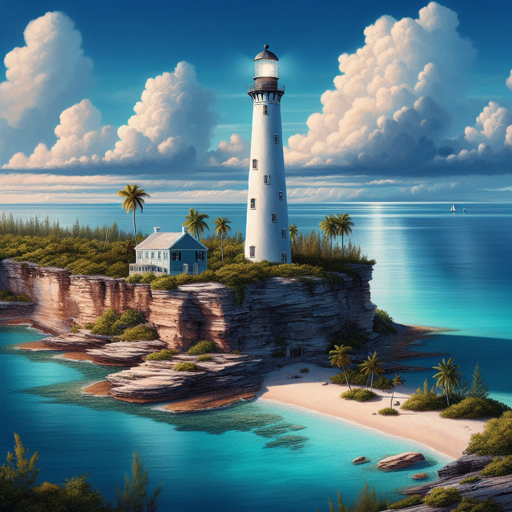 A picturesque scenery of Lookout Cay at Lighthouse Point. It's a sunny day and the sky is perfectly blue with puffy white clouds. The Lighthouse stands tall on the edge of the cliff, its white exterior contrasting with the clear, blue sea below. The beacon is glowing softly, a signal for sailors far out at sea. Below it, the water is calm and serene, reflecting the colors of the sky. On the right, there's a charming, untouched sandy beach, lined with lush tropical vegetation. All elements presented in a realistic style, producing a tranquil sense of peace and beauty.