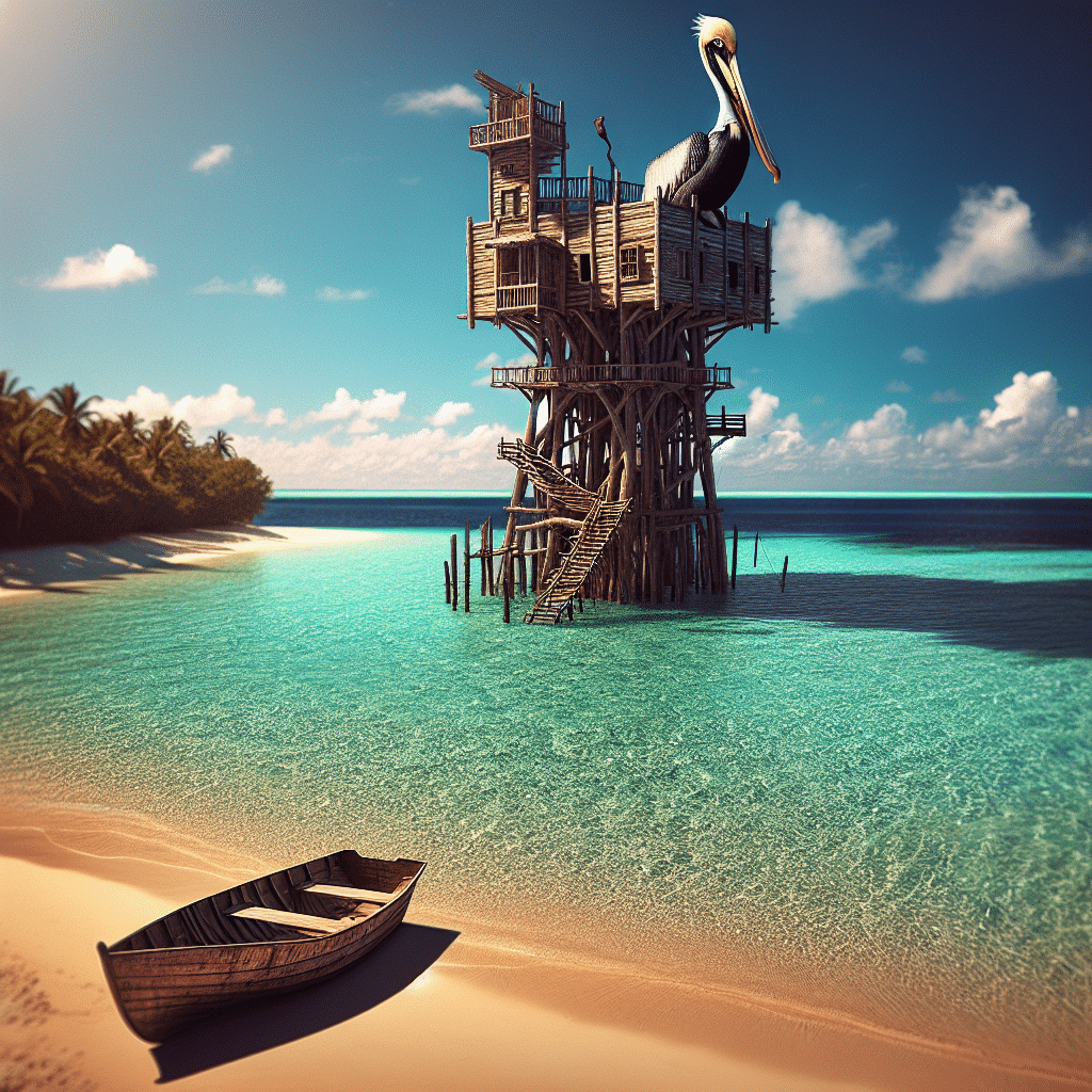 Imagine a tranquil tropical island, possibly known as Castaway Cay. In the heart of the island lies a mysterious plunge taken by the pelicans. The scene unfolds on a sunny day, where the clear blue sky meets the ocean horizon. Focus on an impressive wooden structure appearing like a high tower, perched atop it is a large pelican which is poised to take a plunge into the waters beneath. The waters shimmer under the sunlight, and the serene beach is lined with palm trees. A small empty rowboat rests near the shore completing the idyllic scenery.