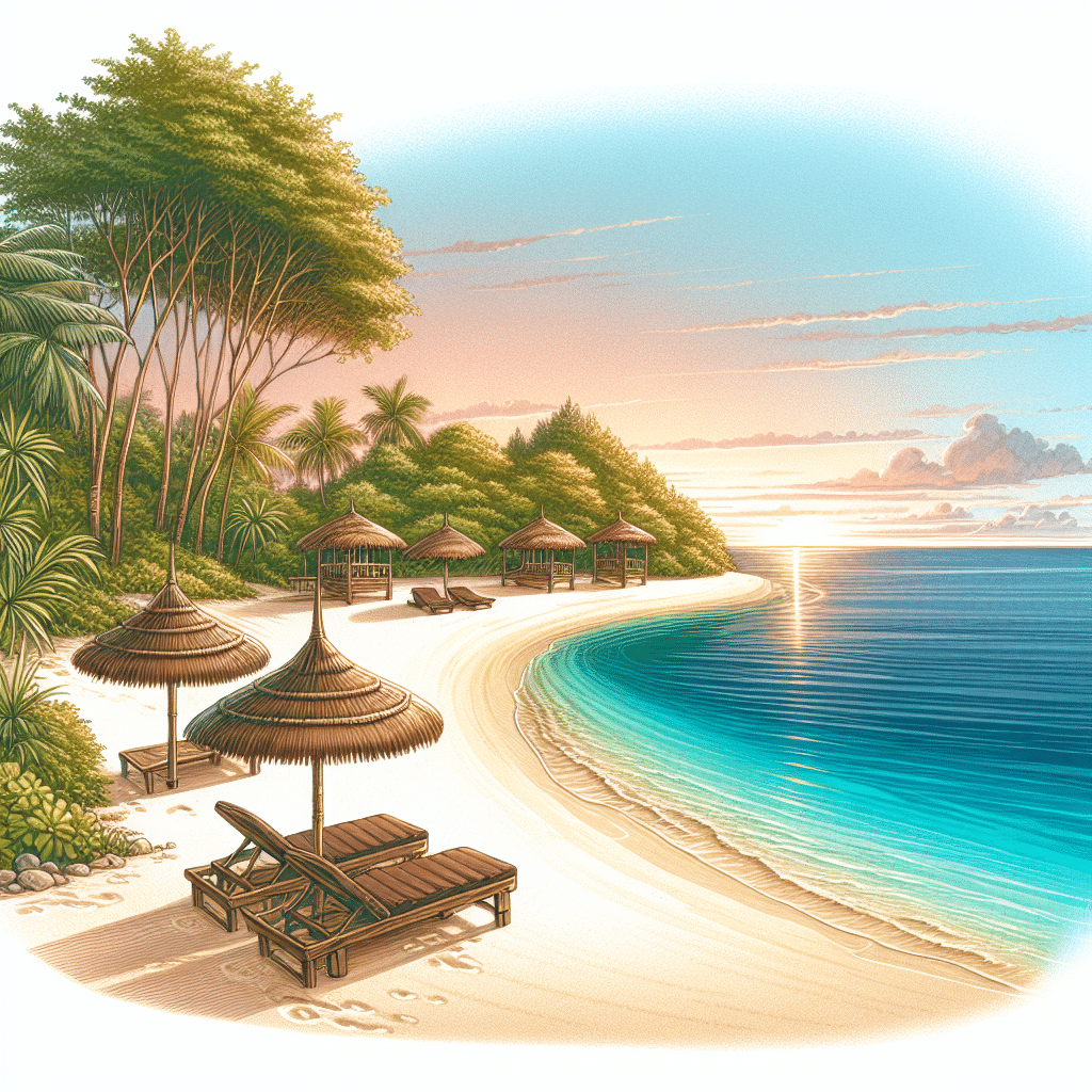 A tranquil illustration of a pristine sandy beach, located on an island. This beach is nestled among ripe tropical vegetation. The sandy shore gently rolls into the crystal clear blue water. There are traces of human presence, such as carefully arranged beach loungers under thatched umbrellas, but no actual people to disrupt the serenity. The sky above is just starting to have hues of a sunset, creating an array of colors in the sky. The overall scene exudes tranquility and peacefulness, ideal for a relaxing adult retreat, without any signs of commercial brandings or text.