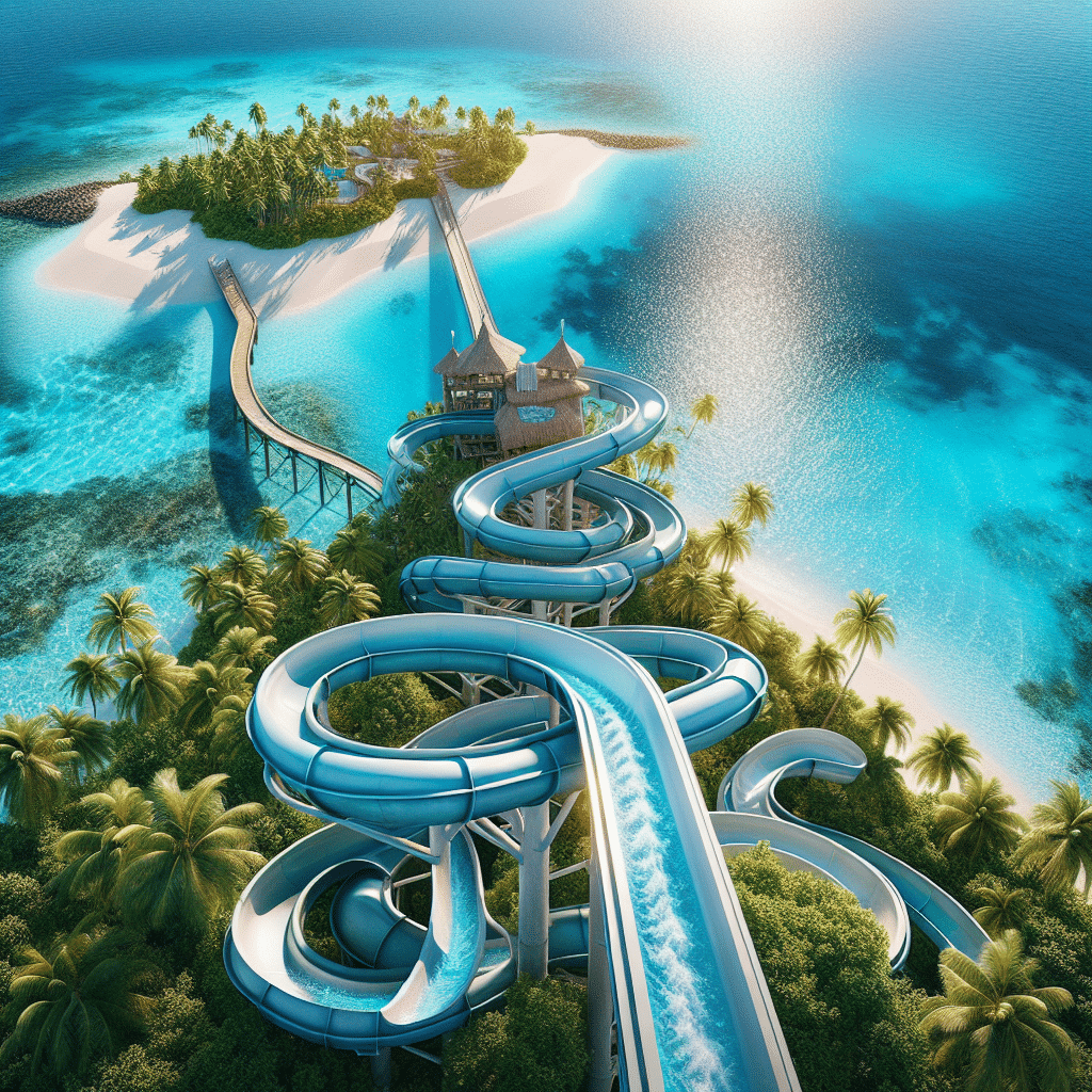 A stunning view of a waterslide extending into the clear blue waters of Lookout Cay, a picturesque tropical island. The waterslide is large and winding, with several exhilarating twists and turns, and culminates in a thrilling drop into the warm ocean waters. Surrounding the slide are lush, green palm trees swaying gently in the ocean breeze. The island has a powdery white sand beach and the azure sea sparkles under the tropical sun. There are no people or brand names visibly featured in the visual representation.