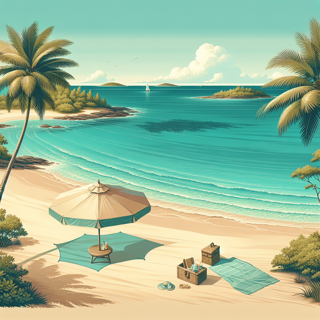 An image showcasing the idyllic setting of Lookout Cay family beach without any people. The beach stretches out invitingly with its golden sands, while the blue-green hues of the ocean waves gently lap at the shore. Clustered nearby, verdant palm trees sway in the beach's gentle breeze. In the distance, you can perceive the faint silhouette of small islands. An open beach umbrella with a neutral design is set up nearby, and there's a picnic blanket with a basket nearby. Remember, there are no brand logos and no written text present anywhere in the scene.