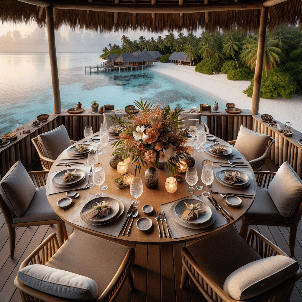 An overhead view of a restaurant dining setup at Lookout Cay. The setup includes a polished wooden dining table adorned with a centerpiece of tropical flowers. On the table, there are ceramic plates, crystal glasses, and silver cutlery with no brand names or logos. Surrounding the table, there are comfortable cushioned chairs. An open-air, palm-thatched hut houses the dining setup. The restaurant overlooks a serene beach, crystal clear waters with a peek of coral reef beneath and looming palm trees around. As the sun sets, soft lights from the restaurant offer a warm, inviting glow.