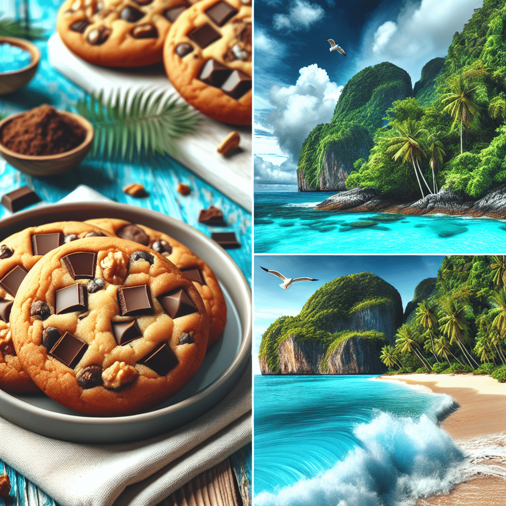 A picturesque view of a tropical island with lush vegetation, palm trees, and aqua-blue sea. Close-up of fresh baked cookies with a mixture of chunks of chocolate and nuts distributed evenly. These cookies are placed on a rustic wooden table with a light cloth underneath, You can see a bright blue sky with the silhouette of a seagull flying in the background. Additionally, a depiction of the swirling surf meeting the sandy beaches paint a serene scene. Remember to comply with the request of not including text, people, or logos within the image.