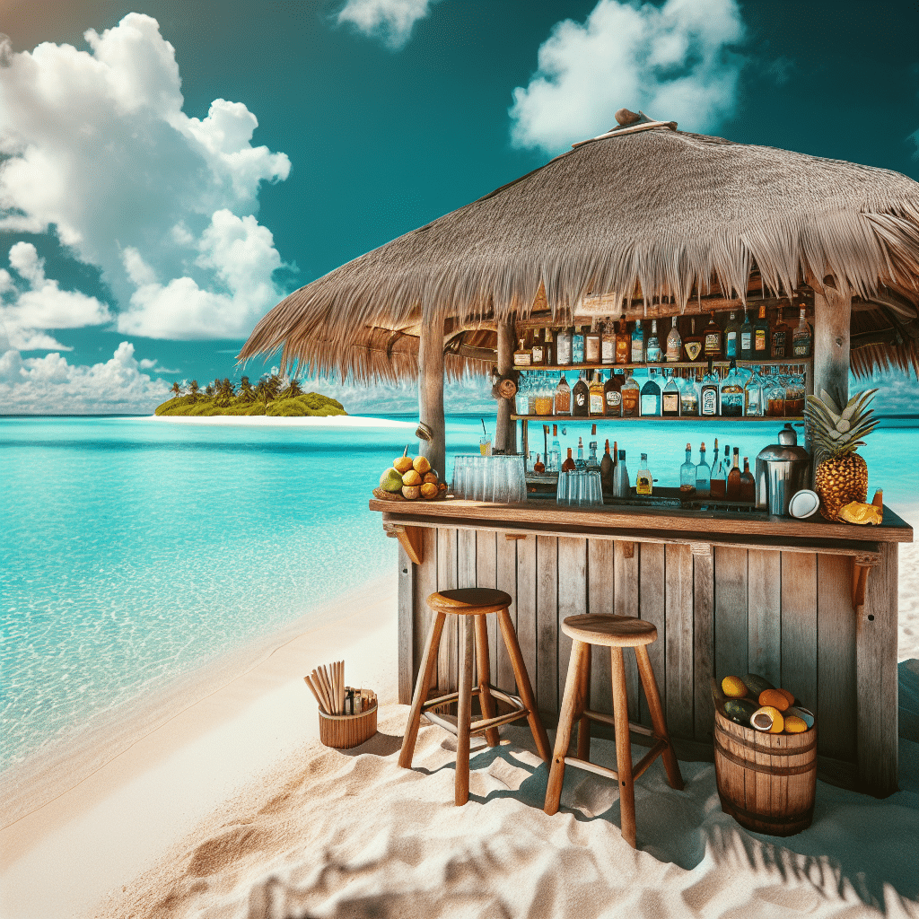 A picturesque tropical island during daytime, surrounded by a vibrant azure ocean, topped with a clear, partly cloudy sky. Focus on a quaint, wooden beach bar situated by the sea. The bar is equipped with a variety of tropical fruits, an assortment of mixer bottles, a few glasses, a wooden stool and a straw sunshade roof. The overall feel of the bar brings about a vibe of relaxation and solitude. Note that no people, text, brands, or logos should be present in picture.