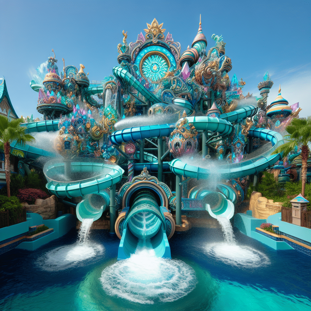 An intricately designed water coaster with both modern and retro elements, awash with vibrant shades of aqua and other bright colors. This thrilling attraction comprises a variety of water-based fun spots, like tunnels full of splashy surprises, high-speed twisting slides, and a massive overhead flume. It also features some magical-themed elements indicating the concept of treasure, like a sparkling crystal-like cavern and a trail of golden specks in the water, spread in a subtle way throughout the ride. The surroundings are adorned with lush green palm trees and colorful flowers, all under a clear blue sky.