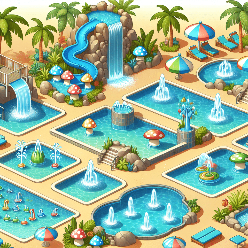 A bright and fun-filled illustration featuring a series of pools of varying shapes and sizes. Each pool has unique features, like waterslides, lily pads, and mushroom fountains. Adjacent to the pools are several splash pads with jet streams of water and gentle waterfalls cascading from decorative rocks or playful ornamentations. The entire scene is set in a serene park-like atmosphere, filled with lush tropical plants, palm trees, resort-style lounge chairs, and sun umbrellas. There are no people or recognizable brand logos presented in the scene.