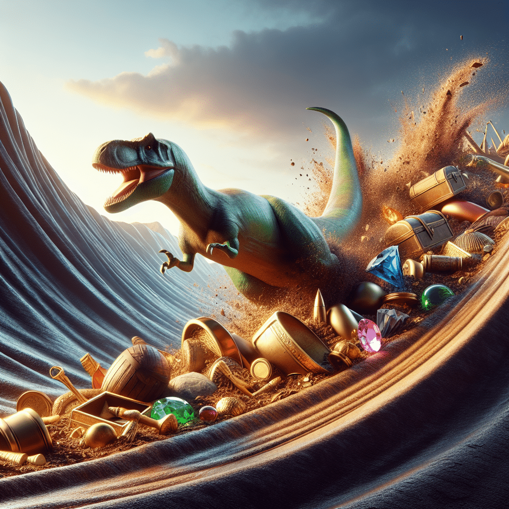 Imagine an exhilarating scene inspired by a thrilling action-adventure narrative. In the center, there's a gigantic dinosaur, in hues of green and brown, sliding down a large sloping terrain filled with rare treasures like jewels, gems, gold coins and antique artifacts. It's in a playful pose, as if exhilarated by the slide. The dinosaur's large feet lift splashes of mud as it skids down the slope. The intense light of a setting sun in the background casts long, dramatic shadows. There are no people, brand names, logos, or any textual content present in the scene.