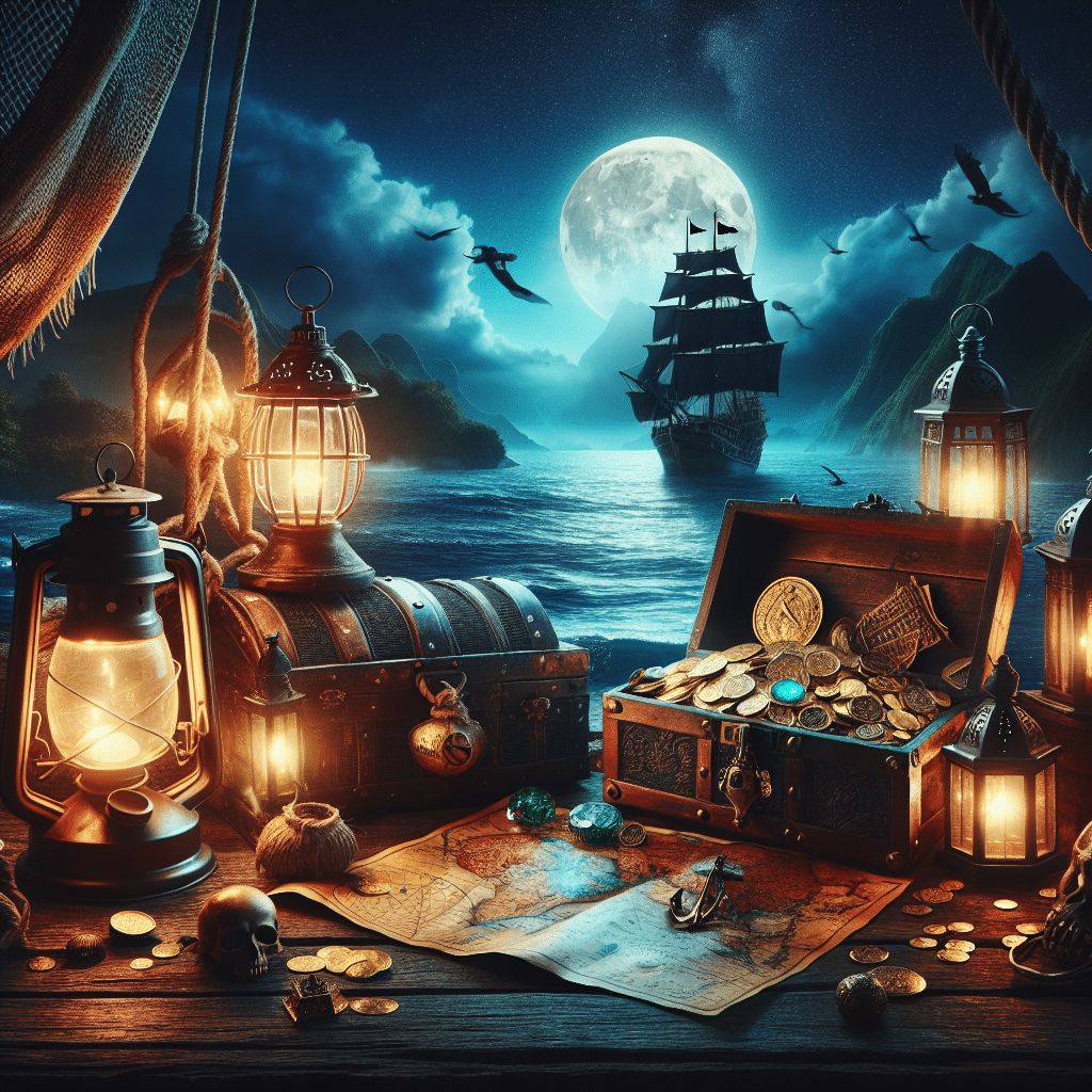 Create an image that reflects the idea of a pirate-themed night, abundant with treasures, without any people or text in the scene. Invoking the ambience of an adventurous night at sea, fill the scene with various elements such as an illuminated old-fashioned lantern found typically on pirate ships, a detailed treasure chest filled to the brim with gold coins and jewels, an open map with depictions of exotic locations, all against the backdrop of the moonlit ocean and distant tropical islands. The scene should be devoid of any recognisable or trademark symbols, brands, or logos.