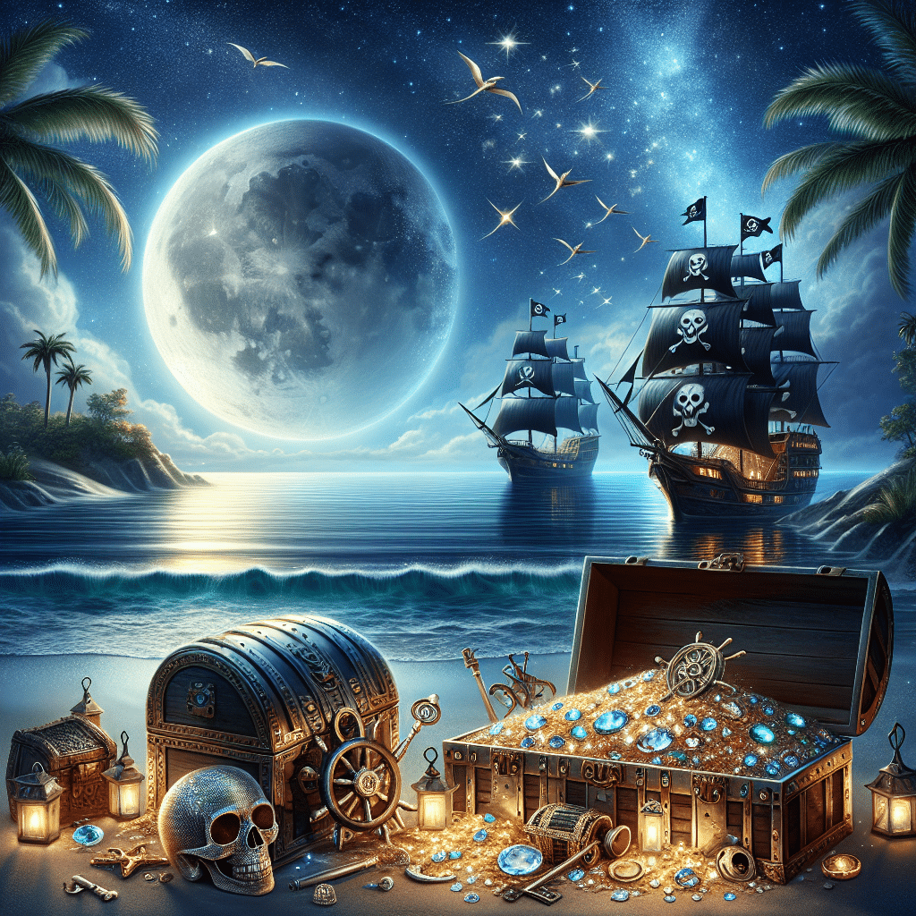 Capture the essence of a magical themed pirate night. Paint an enchanting night with a full moon casting a silvery glow on the calm ocean surface with a palm-fringed island in the distance. A dazzling treasure chest stands open on the sandy beach, with piles of gleaming gold and gemstones. A pirate ship anchors nearby, with its silhouette distinct against the moonlit backdrop. A skull and crossed bones flag flutters in the nighttime breeze at the masthead. Among the treasure, there's an elaborately designed key, a sign of hidden adventures. Note: all these elements should have an imaginative, fantasy-like quality, without human presence.