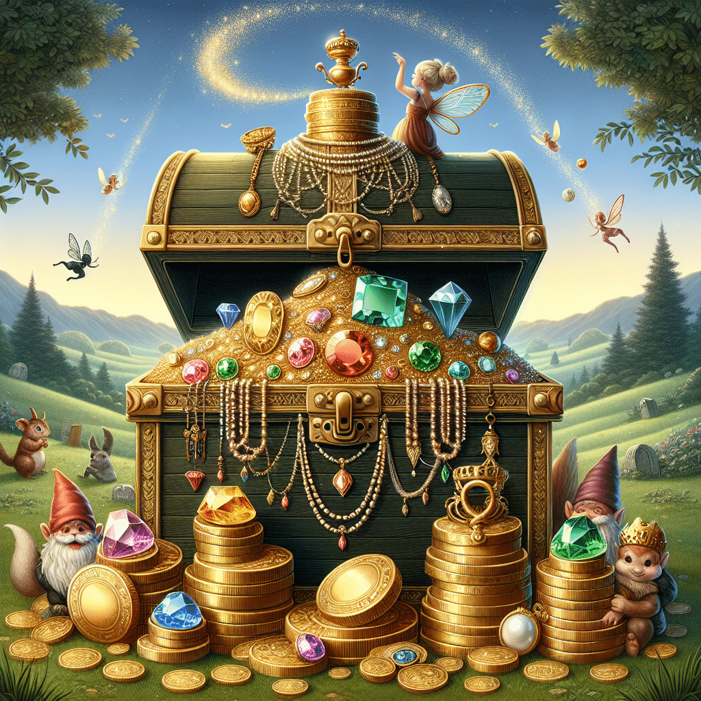 Illustration of a gilded treasure chest pilled high with golden coins, silhouettes of various gemstones, and period pieces of jewelry like pearl necklaces and ornate rings. The chest sits on a fantasy-like landscape with green rolling hills and a clear blue sky. Around the chest are garden gnomes tipping their hats, with a fairy standing on the topmost coin pile, sprinkling pixie dust in the air. There are also a few whimsical animals around; a squirrel with a nut and a rabbit peeking out from behind the treasure chest.