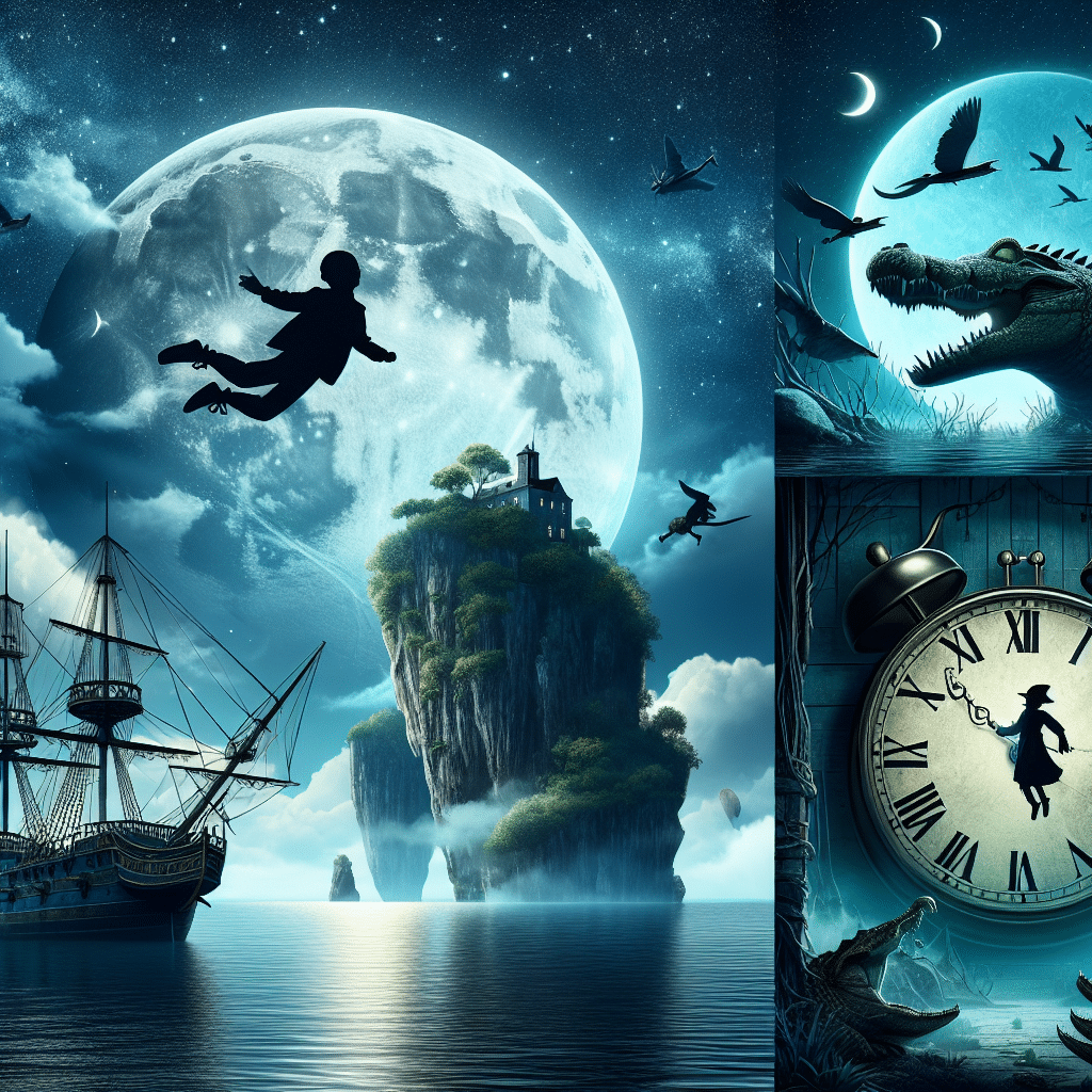 Create an image capturing the essence of adventure and imagination, reminiscent of classic children's tales about pirates, lost islands and flying children. The image should focus on elements such as a pirate ship sailing in moonlight, a mesmerizing island looming in the distance, a silhouetted figure flying against the backdrop of a night sky studded with stars, and an oversized, ominous crocodile clock. Make sure not to include any text, people, brand names, or logos within the image.