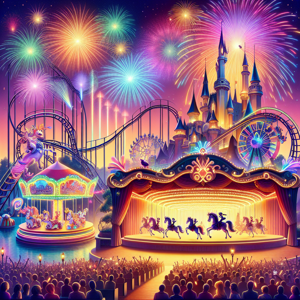 A lively and whimsical abstract scene that captures the magic of a popular amusement park without the use of brands or characters. There's a tall, thrilling roller coaster with bright colors and intricate twists and turns. Nearby, there's a whimsical carousel whose horses are replaced with fantastical creatures. Unseen spectators enjoy a stunning fireworks display overhead, bursting in brilliant hues. Fairy-tale like castle lurks in the background, silhouetted against the evening sky. Exciting performances occur on an illuminated stage. However, all performers are invisible, with only the glowing stage, lively props, and dynamic lighting effects visible.