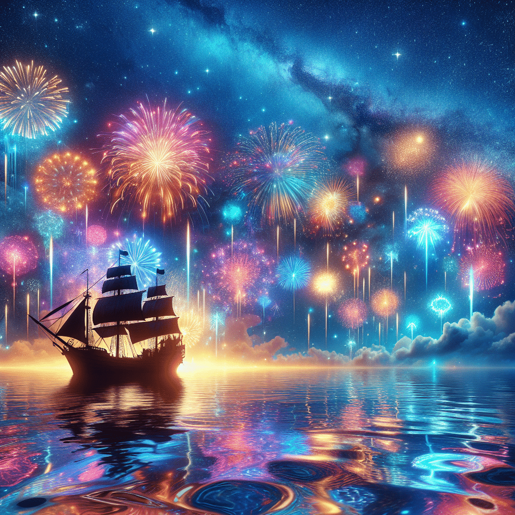 Immerse in a grand display of fireworks over an expansive seawater. The sky is adorned with brilliant colors reflecting off the smooth waves, creating an extraordinary spectacle. In the forefront, imagine a silhouetted unmarked pirate ship gently bobbing on the water under the starry sky, contentedly observing the magnificent display of light and color. Floating around are unidentifiable relics glittering amidst the spectacle, amplifying the sense of a treasure-laden adventure. Note: The scene is unpopulated, and anything resembling text or identifiable logos are not included.