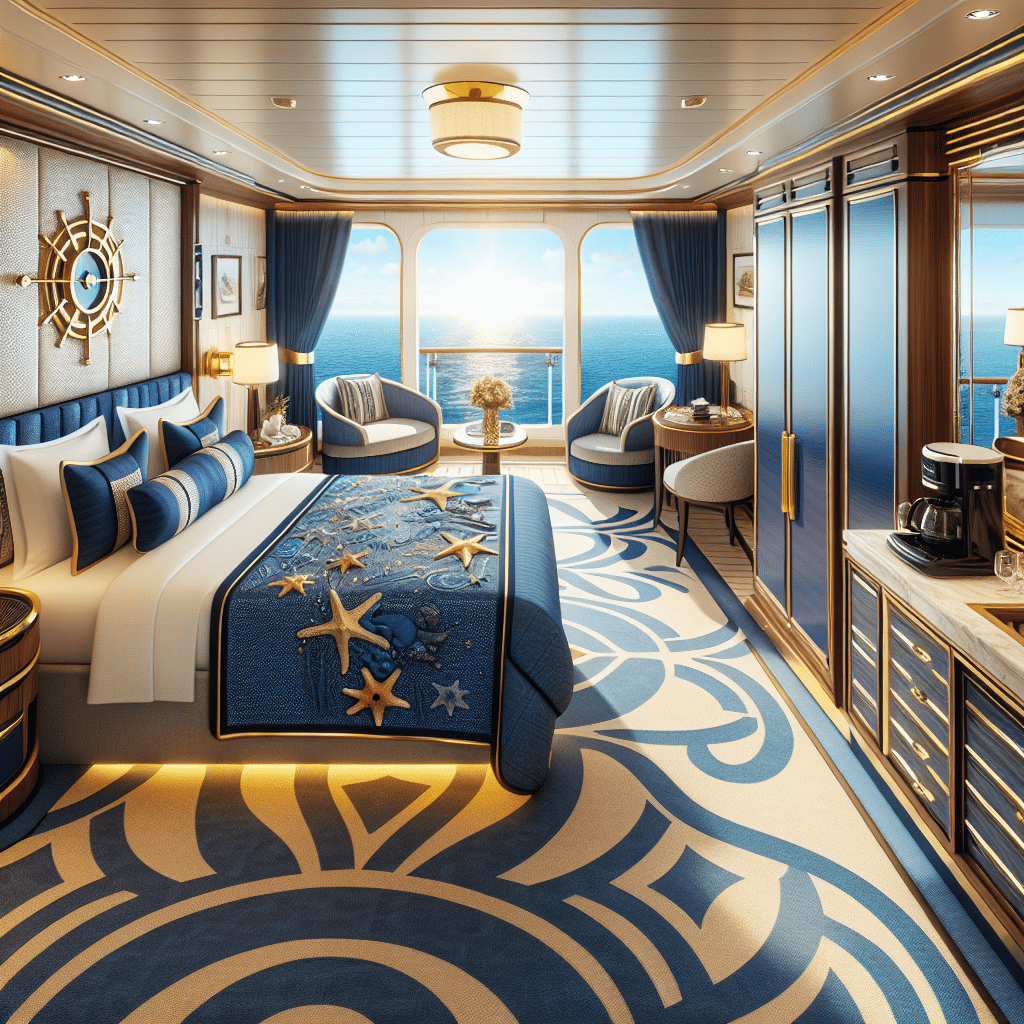 A detailed view of a luxurious stateroom found on a large cruise ship. The room radiates elegance with its maritime-themed decor, featuring royal blue and gold color palette. It contains a queen-size bed with a decorative marine life patterned duvet, artful wooden bedside tables, a chaise lounge placed by the window, and a large wardrobe. Additionally, it includes a mini bar area with a coffee maker set. The room is flooded with sunlight streaming in from a large porthole offering a serene view of the ocean. There are no people, texts, logos or brand names in the scene.
