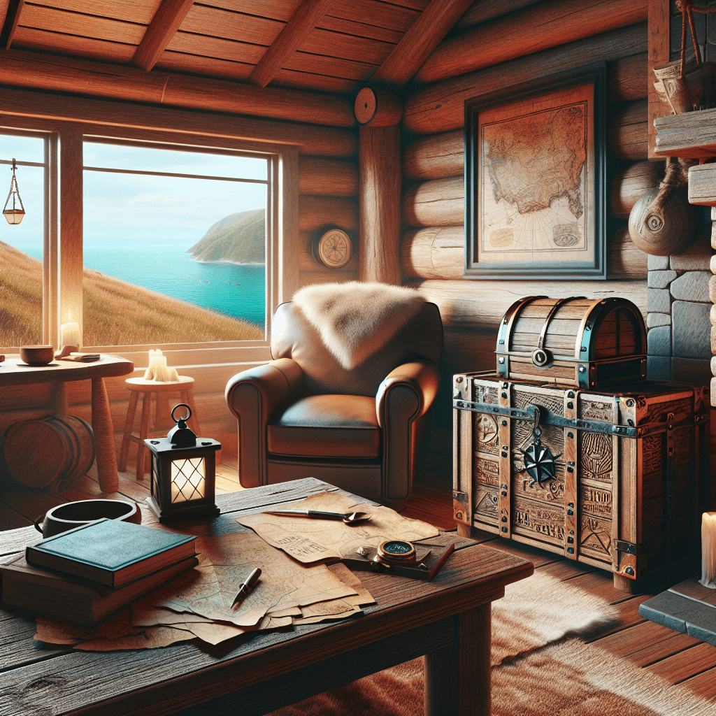 A cozy, rustic cabin interior, devoid of any people. The room features wooden walls, a plushy armchair, and a warm fireplace. On the table, a compass, old parchment maps, and a wooden carved box, mimicking an old pirate chest, hinting at 'buried treasure'. The window shows a serene landscape with a shimmering ocean view. The scene reveals no brand names or logos. The decorations evoke a sense of playfulness, adventure, and childhood nostalgia without using any text