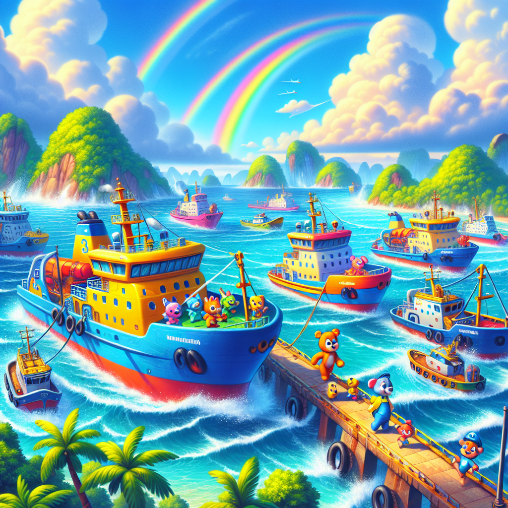 A bright, sunny day at a bustling seaport. Multiple colorful, unbranded ships docked, with cartoon-like, humorous anthropomorphised animals walking up a gangplank on the left ship and walking down on the right ship. In the background, islands with verdant palm trees and thrashing waves crash against the ship's hull. The sky is filled with cotton candy clouds, and there's a rainbow arching over the sea, adding a touch of magic to the scene.
