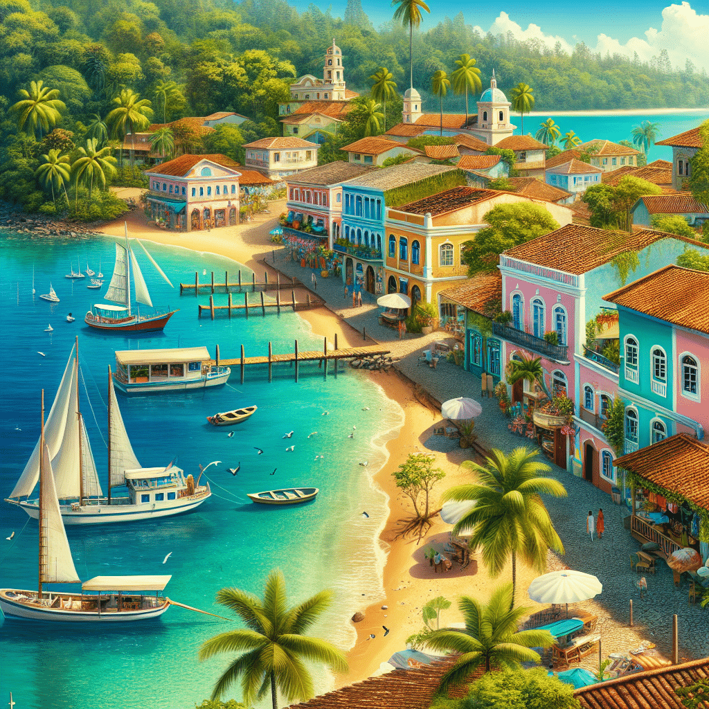 A picturesque view of a tropical port town, prominently featuring pastel-colored buildings lined along a quaint cobblestone street. A serene beach with crystal-clear blue waters flanks one side of the town, with several anchored sailboats bobbing gently on the surface. A lush jungle full of vibrant, exotic vegetation can be seen on the opposite side of the town. Charming shops displaying colorful beachwear and handmade crafts, bustling local markets, and inviting open-air cafes add to the atmosphere of the scene. Implied are the many adventures awaiting visitors, but no people, brand names or logos are included in the image.