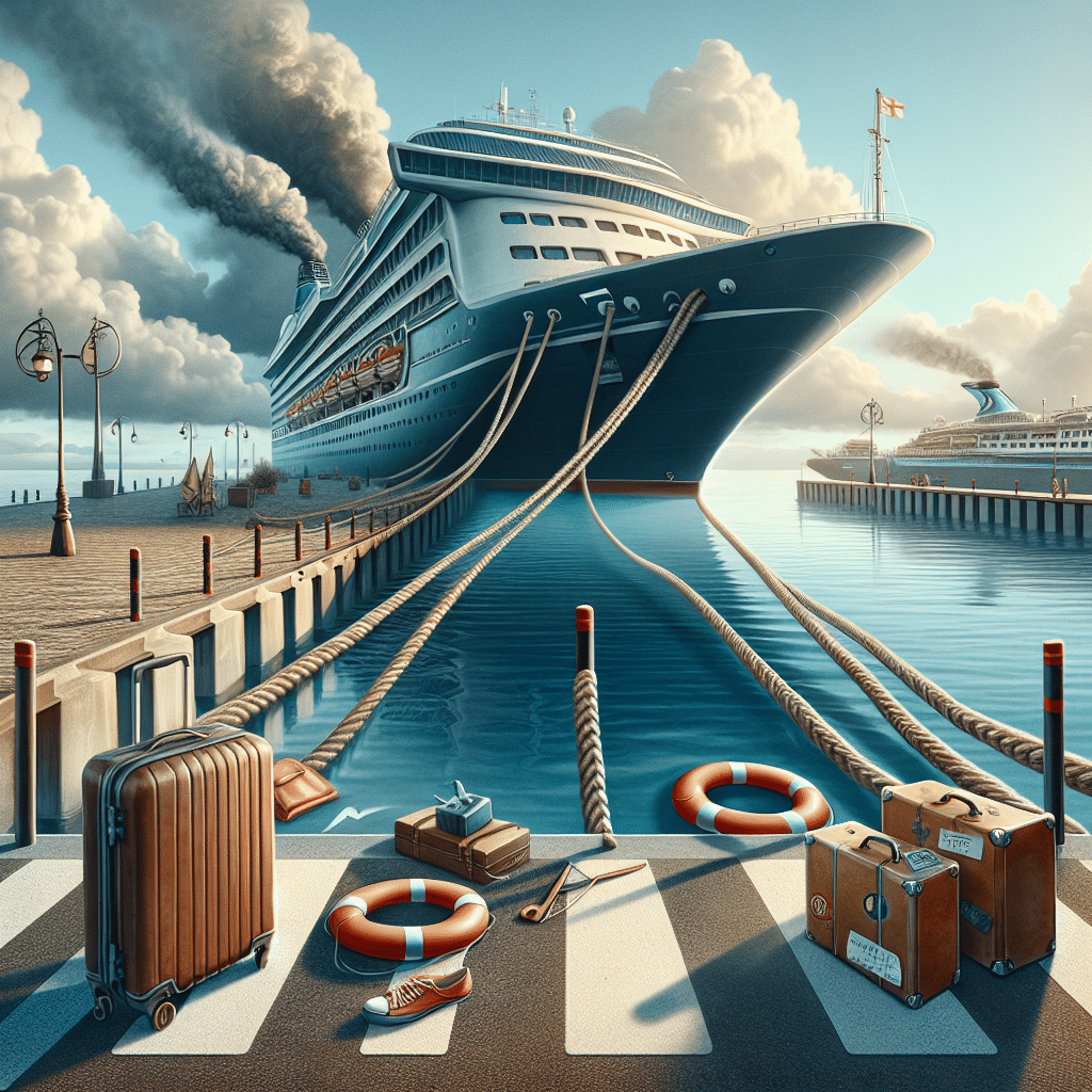 An image depicting the concept of cruise ports being cancelled without using text or people. Picture a docked cruise ship with ropes hanging loosely, implying its immobility. Nearby, the usual hustle and bustle of a port is absent, replaced by a deserted look. The cancellation can be hinted at by showing unused luggage nearby. The sky overhead is cloudy, symbolizing the uncertainty of the situation. The sea is still, mirroring the inactivity at the port. All elements should echo a sense of disappointment and sudden change of plans, but without containing any brand names, logos, or text.