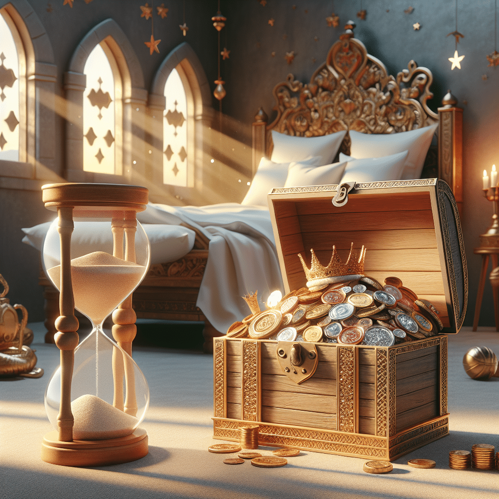 An imaginative scene of a traditionally styled wooden chest filled to the brim with treasures such as gold coins, jewel-encrusted crowns, and sparkling gemstones. Nearby, a pristine sandglass stands tall, half of its sands having made their journey from top to bottom, symbolising the passing of half a sleep cycle. In the backdrop, there's a grandiose, yet welcoming bed with fluffy pillows and a soft-looking blanket folded neatly at the foot, subtly suggesting a period of rest. Sunlight streams in through a large window with star-shaped cutouts, casting warm and inviting shadows that hint at dreams filled with adventures.