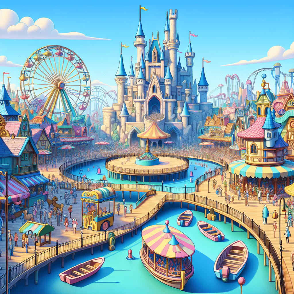 An image illustrating a crowd level review at an abstract animated style theme park. The park is filled with various attractions such as a fairy-tale castle, river boats, roller coasters, and a big old wheel. True to the context, the park stands eerily empty, devoid of any people. The sky is blue, indicating a beautiful, busy day, ironically contradicting the absence of crowd. The color palettes are bright and cheerful, keeping the scene lively despite the lack of human presence. There are no brand names or logos observed anywhere in the scene, maintaining its generic nature.