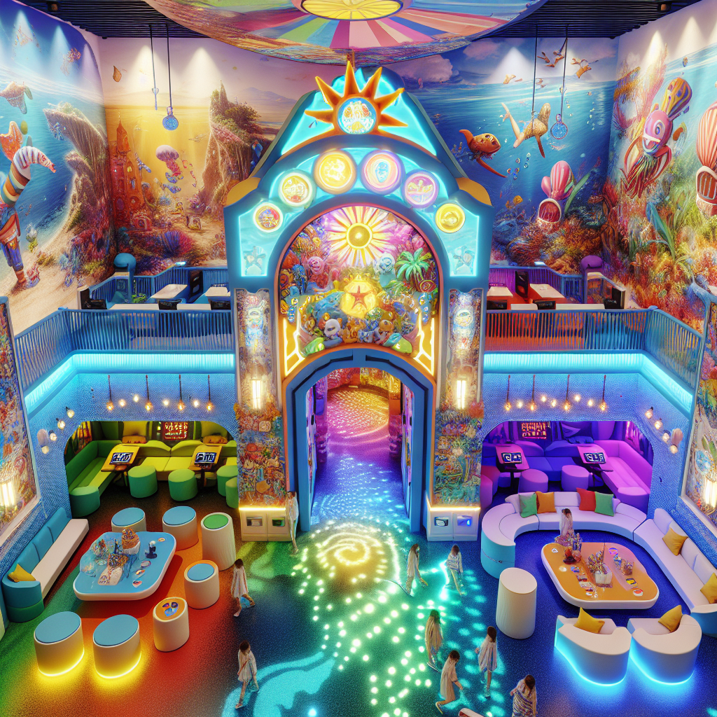 A whimsical club designed for teenagers. The exterior is an extravaganza of bright, cheerful colors with an entrance that resembles a treasure chest. Inside, the walls are painted with captivating scenes of tropical islands and undersea adventures. The floors are interactive, responding to each step with bursts of glowing light. Top-of-the-line, unbranded audio and lighting equipment create an electrifying atmosphere, while comfortable lounges offer a spot to relax. There’s also a refreshment area serving fun, colorful mocktails. Overall, it's a blend of a lively party atmosphere and cozy hangout spot.