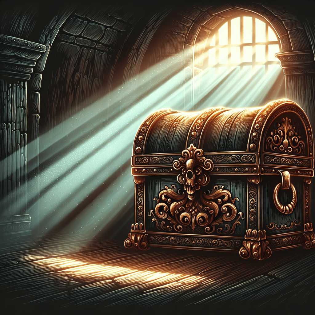 Illustration of a vintage, ornate treasure chest with its lid closed, conveying a sense of mystery and anticipation. The treasure chest is located inside a dimly lit room, with light rays peeping in from a small window. The whole setting exudes a strong fairy-tale vibe. Please refrain from including any human characters or text marks.
