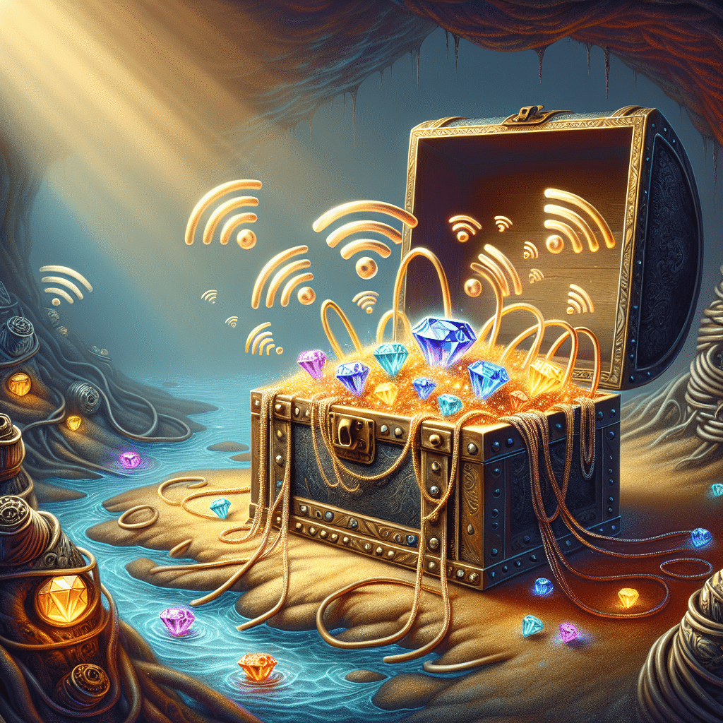 A whimsical image of modern technology represented as buried treasure. The image has a mysterious chest, its lid thrown open to reveal glimmers of precious jewels within. Entangled in the jewelery mysteriously floating from the open chest, are glowing representations of WiFi signals and ethernet cables. Marvel at the surreal mix of antiquity and modernity, with the fairy-tale treasure chest and the symbolic representation of Internet. The colourscheme with deep golds and silvers with pops of sparkling gemstone colours paired against the soft glow of cyan and magenta to represent the internet connection.