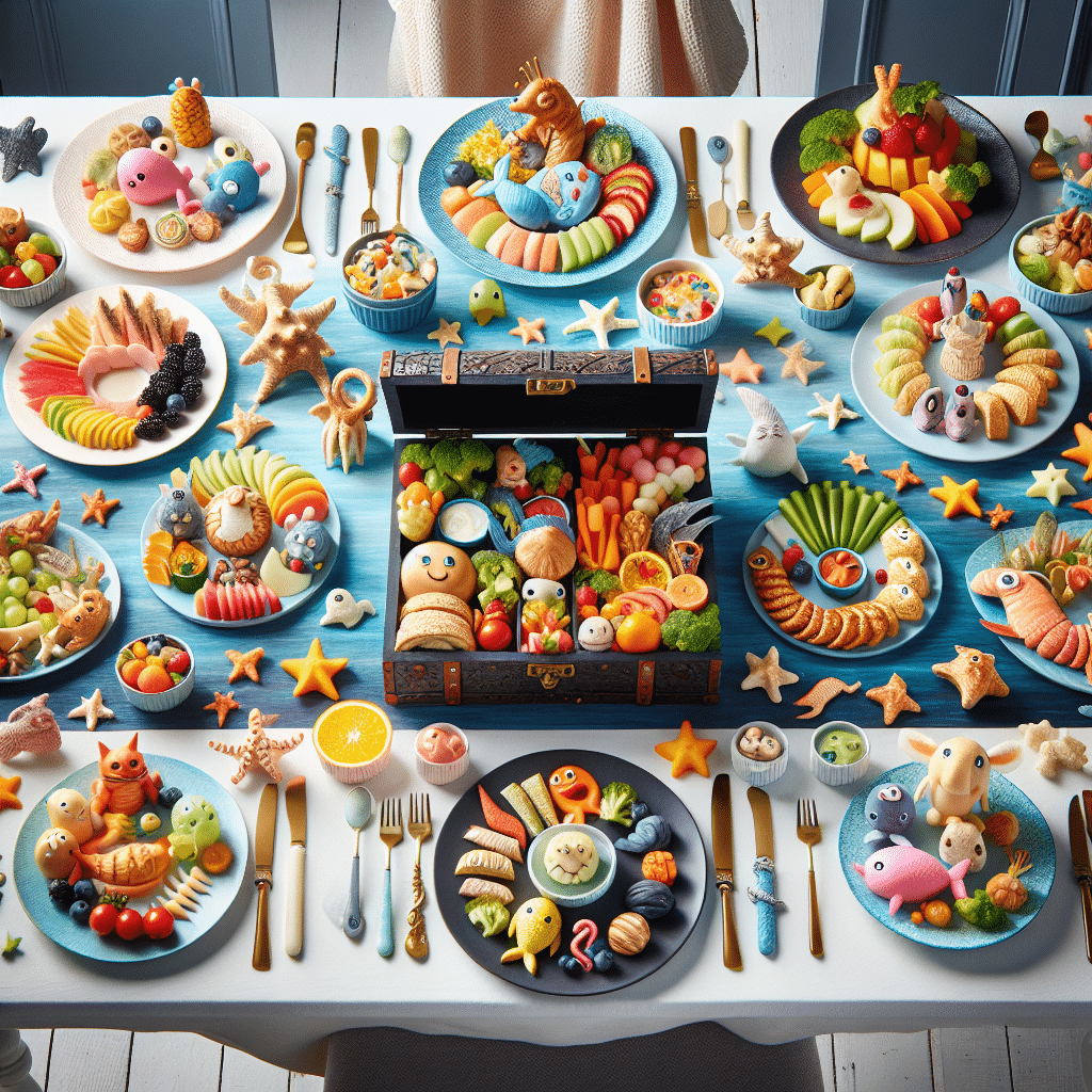 An arranged assortment of playful, colorful and nutritious children's meals presented elegantly on a well-set table. The table has a maritime theme with a treasure chest filled with faux gemstones in the center. The food has been creatively arranged to resemble cute animal shapes and fantastical creatures from folklore. There are plates filled with a variety of cut fruits, some shaped liked stars and others like fish. There are also vegetable sticks served with dipping sauces, fun-shaped sandwiches, balanced with some crust-free, and creatively plated pasta dishes. No brand names, logos or people are visible in the scene.