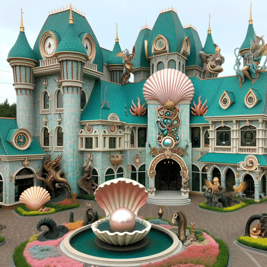 An aesthetically pleasing medical center with fantastical elements reminiscent of a treasure trove. The exterior is made up of beautiful pastel-colored bricks with towers akin to a castle. The roof is covered in emerald-green tiles. The entrance is a large ornate archway. Scattered around the clinic are different peculiar elements like giant seashell sculptures, whimsical bronze statues of mythological creatures, and medical equipment shaped like rare gemstones, precious metals, and mythical artifacts. There are vibrant flower beds and a fountain shaped like a clam with a pearl at the center in front of the clinic.