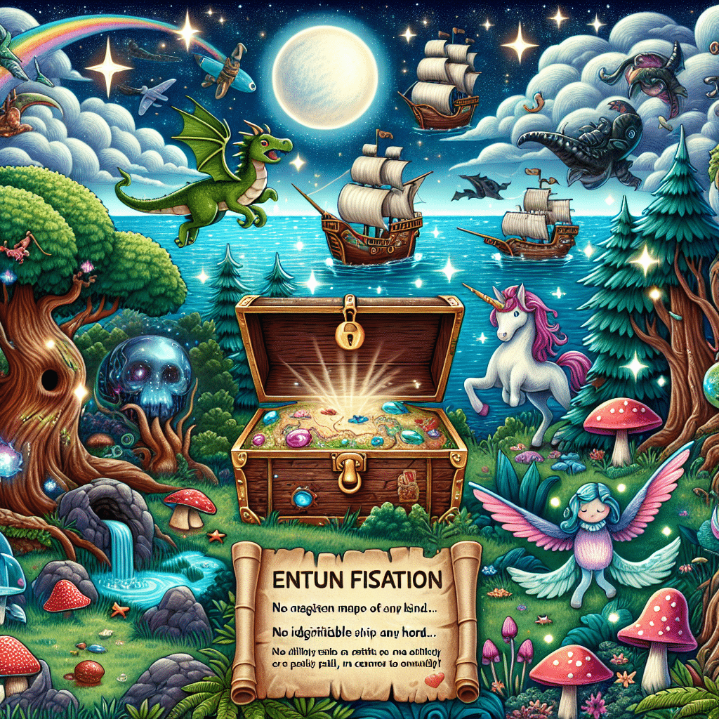 Illustrate a fantasy scenario in a child-friendly manner evoking the idea of a treasure hunt. Include elements such as a detailed and colourful treasure chest with a shiny lock, indicating safety, an enchanted map with mythical creatures like dragons and unicorns, and sea with a mysterious pirate ship on horizon, all within a magical forest that has glowing mushrooms and tall, ancient trees. Ensure all components are entirely fictional, with no human figures, no text of any kind, or identifiable brands present.