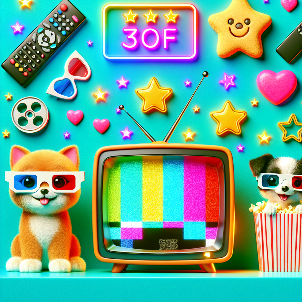 An assortment of objects that could symbolize a family film review such as a 3D glasses, a box of popcorn, and a remote control, all arranged attractively on a bright colored background. A fun and loving cartoon cat and dog are watching a retro styled television showing a blurred vibrant scene, as if they're watching a movie. There's a star rating made from glowing neon stars next to the television.