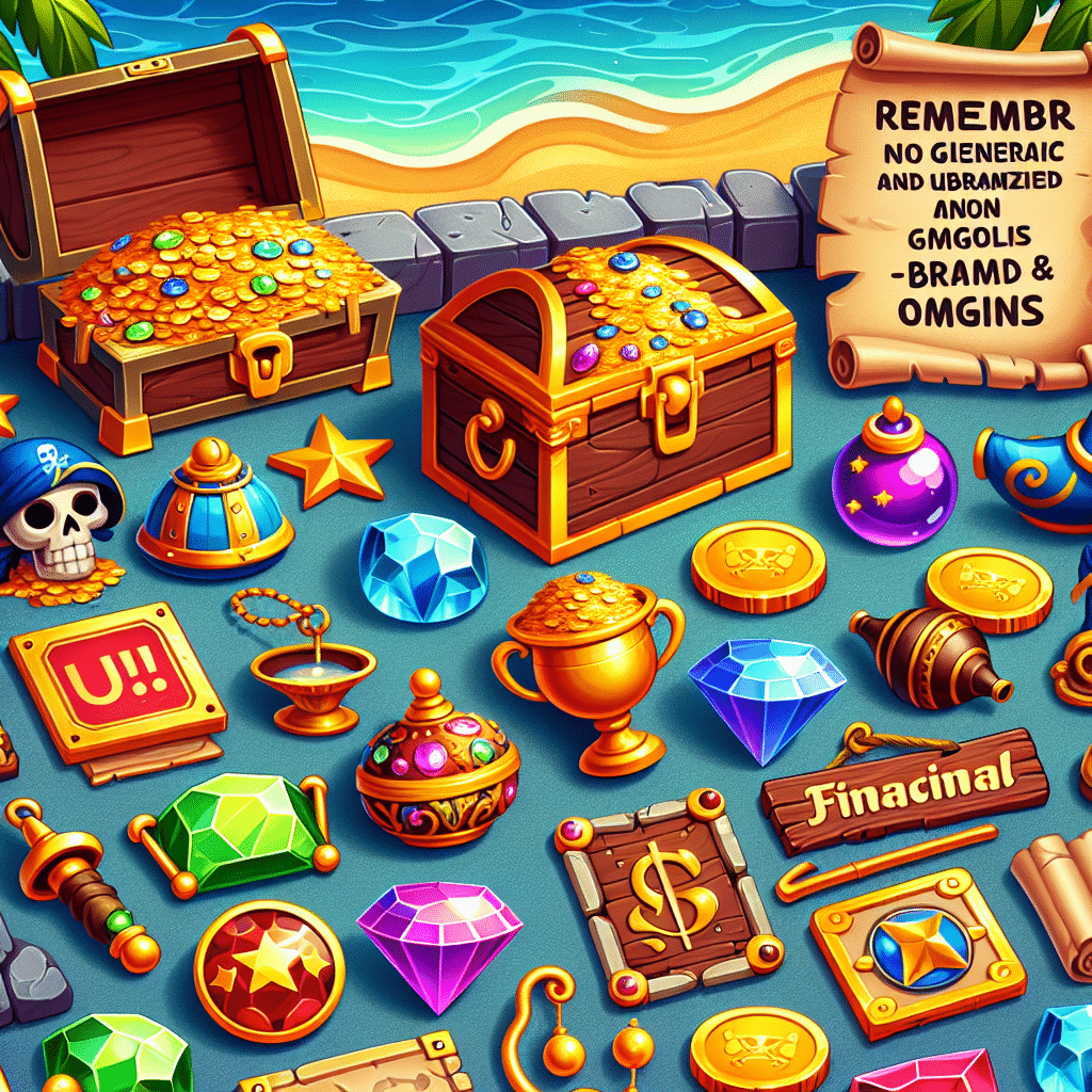 An array of generic and unbranded cartoon-style treasure items, like a pirate's chest brimming with gold, a map strewn with fictitious symbols and markers, a jewel-encrusted chalice, colorful gemstones, and a magic lamp. These items are set against a tropical island backdrop. Remember, no human characters, text, brand names or logos are present in this vivid and colorful scene.
