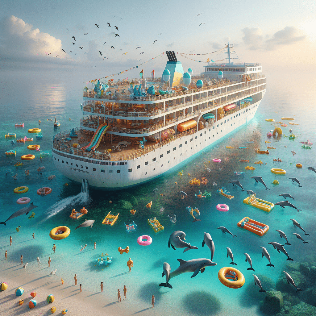 A serene oceanic scene capturing a large, unbranded ship navigating gently through clear turquoise waters. The ship is adorned with colorful life preservers, slides, and fun water features but no occupants are visible. Scattered, brightly colored inflatables in the shapes of imaginary animals float in the water nearby. The ship is surrounded by a wealth of marine life, with dolphins playfully leaping in its wake and flocks of seagulls soaring overhead against a backdrop of a subtle sunset. A variety of age-appropriate toys scattered on the ship's deck suggest an environment designed for younger children.